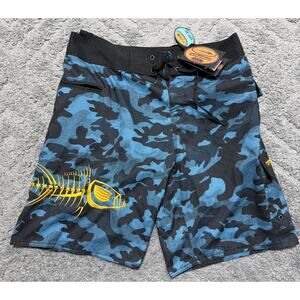 Tormenter Mens 34 Blue Black Camo Embroidered Fishbone Board Shorts Beach NWT